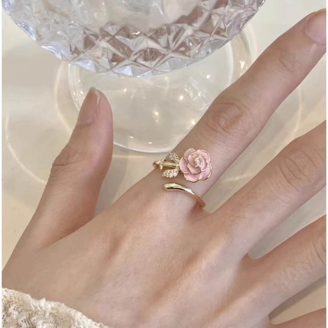 [Charming] Pink Rose Flower Set Open Ring Female Ins Fashion Sweet All-Matching Gentle Elegant Ring
