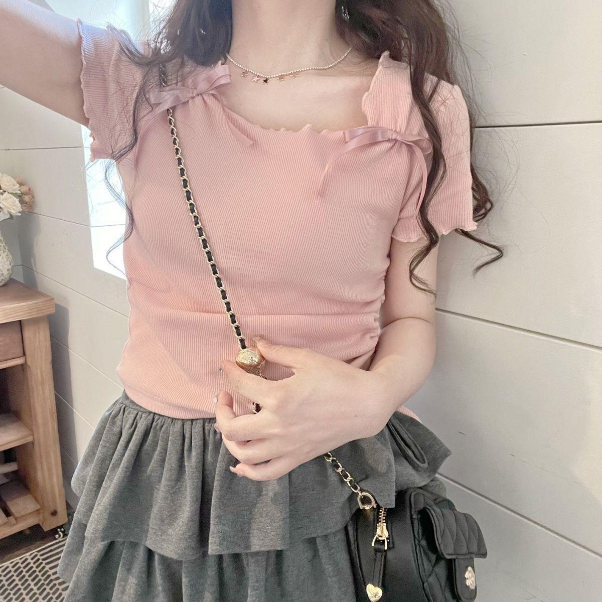 粉色针织短袖t恤女2024夏季新款多巴胺辣妹穿搭抽绳收腰短款上衣