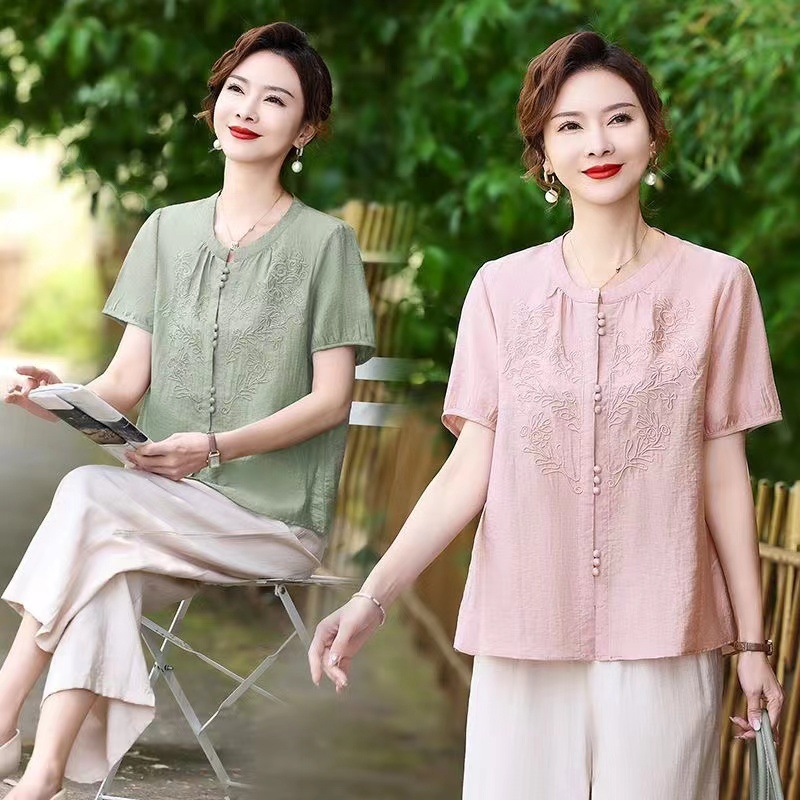 妈妈装2024夏装套装洋气新款上衣50岁中老年女夏季休闲短袖两件套