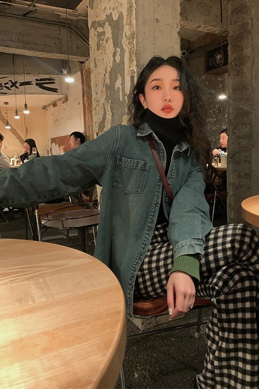 港风蓝色牛仔衬衫女叠穿秋冬2021新款复古设计感小个子上衣欧洲站