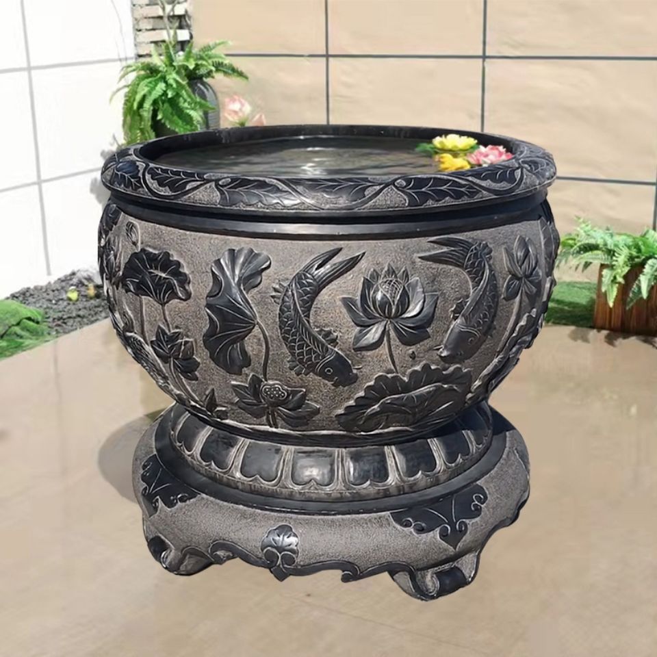 石雕鱼缸花盆青石水缸天然石头荷花缸养鱼池门海石缸庭院圆形石槽