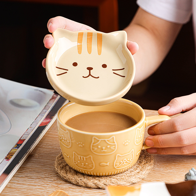 Japanese Cartoon Cat Ceramic Mug Coffee Cup with Cover Creative Household Tableware for Couple Breakfast Milk Cup Water Cup