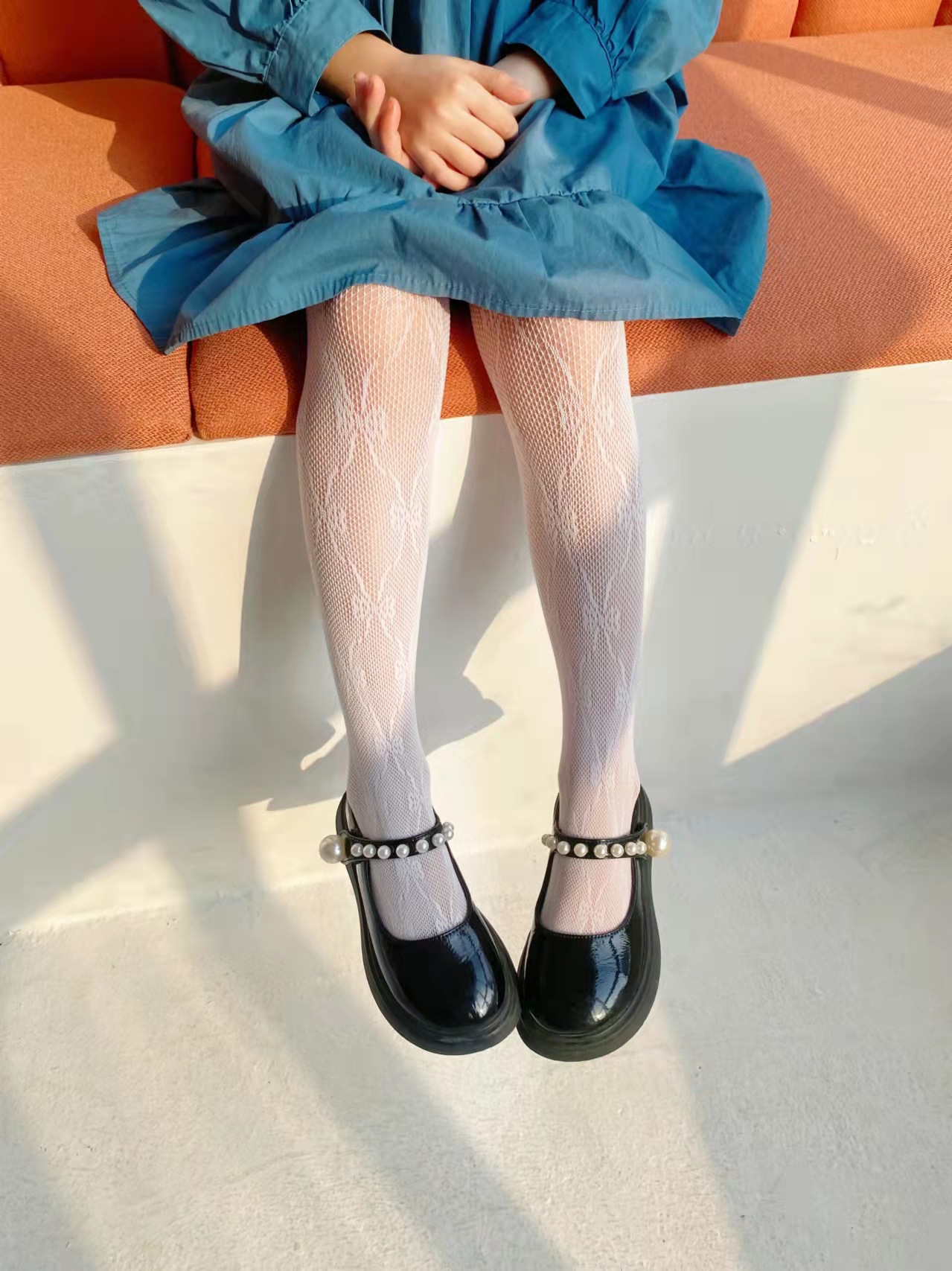 夏季女童连裤袜蝴蝶结渔网袜儿童打底裤袜白色公主镂空网眼防蚊袜