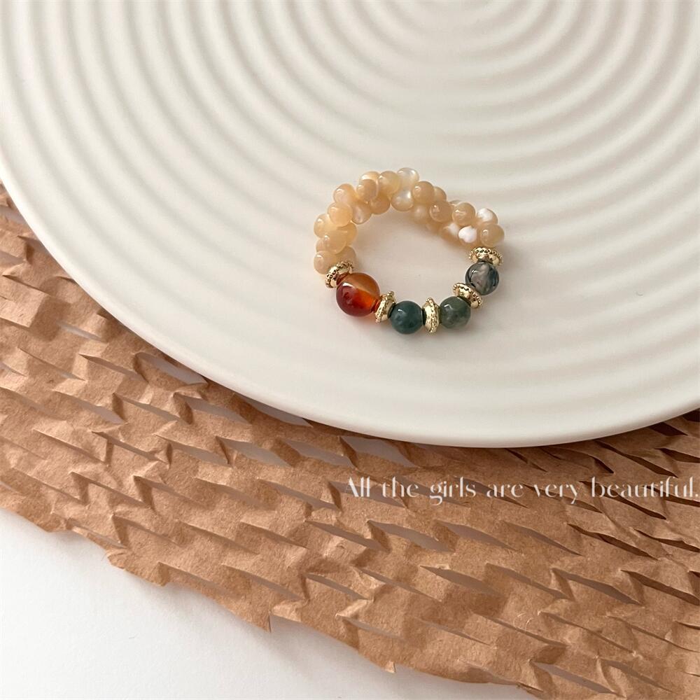 Homemade Niche Natural Stone Beaded Shell Ring New Chinese Style Cold Style High-Grade Elastic Ring Twin Ins