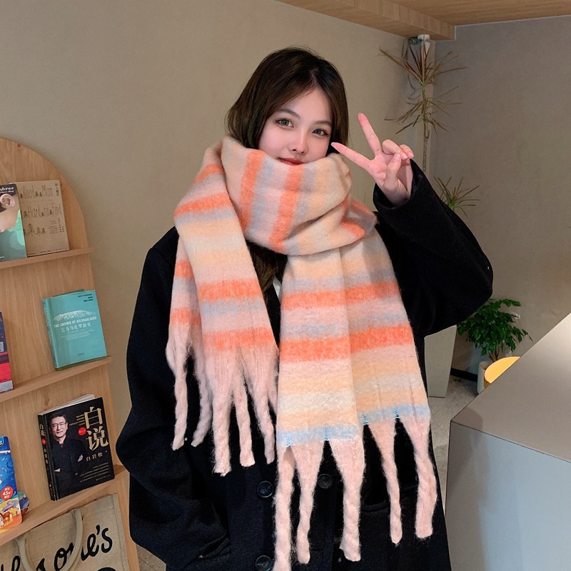 Korean Style Women's Autumn and Winter Retro Gradient Color Striped Artificial Cashmere Scarf Student Scarf Thickened Warm Mohair Cape