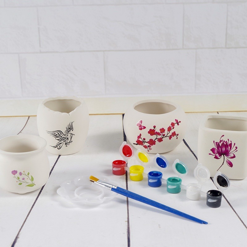 手绘花盆diy亲子互动涂鸦美术课上色陶瓷花立体白胚素坯瓷白素胚