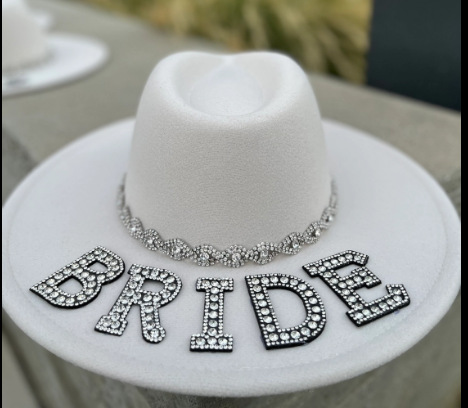 新款复古珍珠新娘bride字母软呢帽字 巴拿马平沿帽英伦复古纯色帽