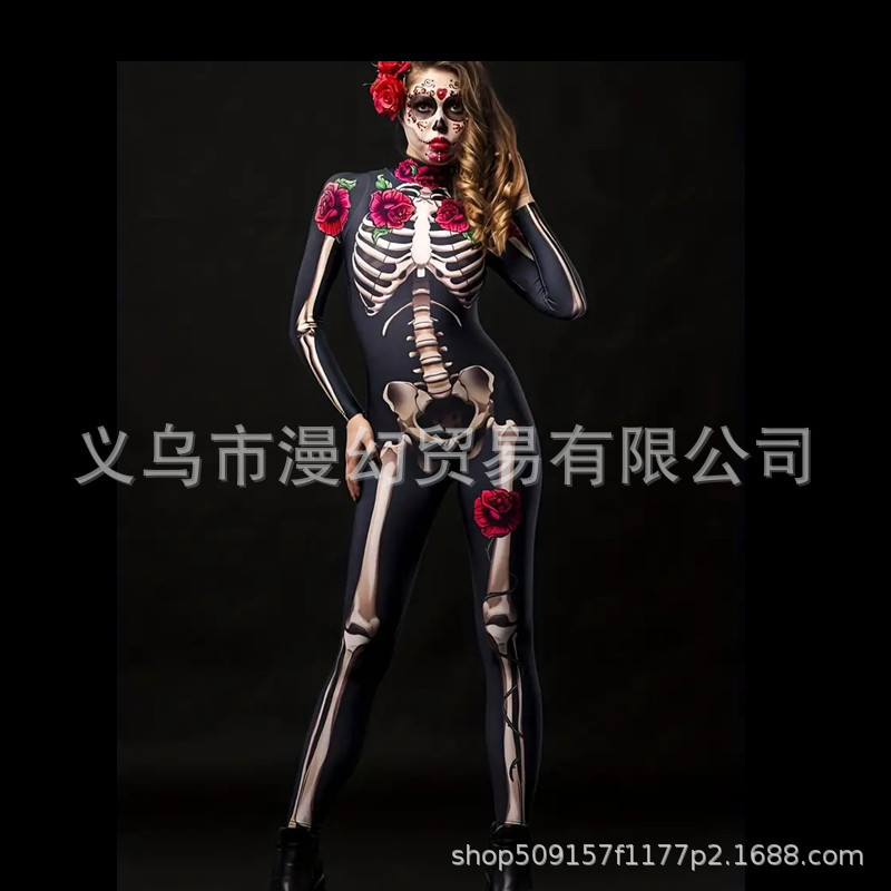 亚马逊万圣节服装成人骷髅连体服儿童骷髅骨架印花连体裤亡灵节服
