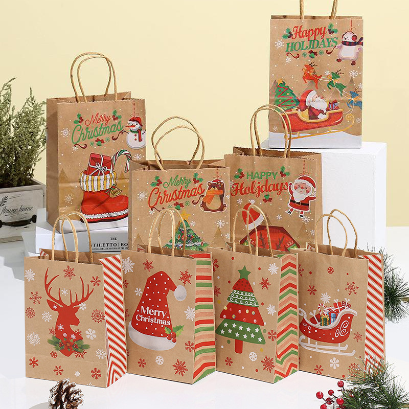 Christmas Kraft Paper Bag Tote Bag Natural Color Paper Bag Christmas Eve Gift Packing Bag Gift Bag Factory Direct Sales