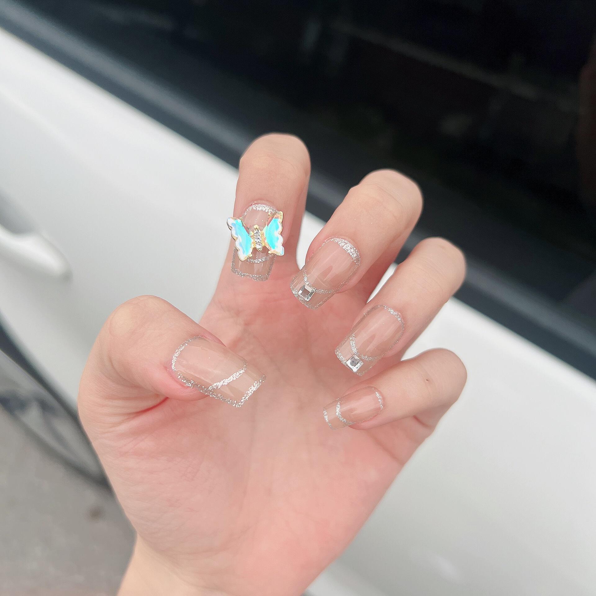 七彩蝴蝶镶钻水晶金粉蝴蝶假指甲贴片可重复使用方钻穿戴甲片