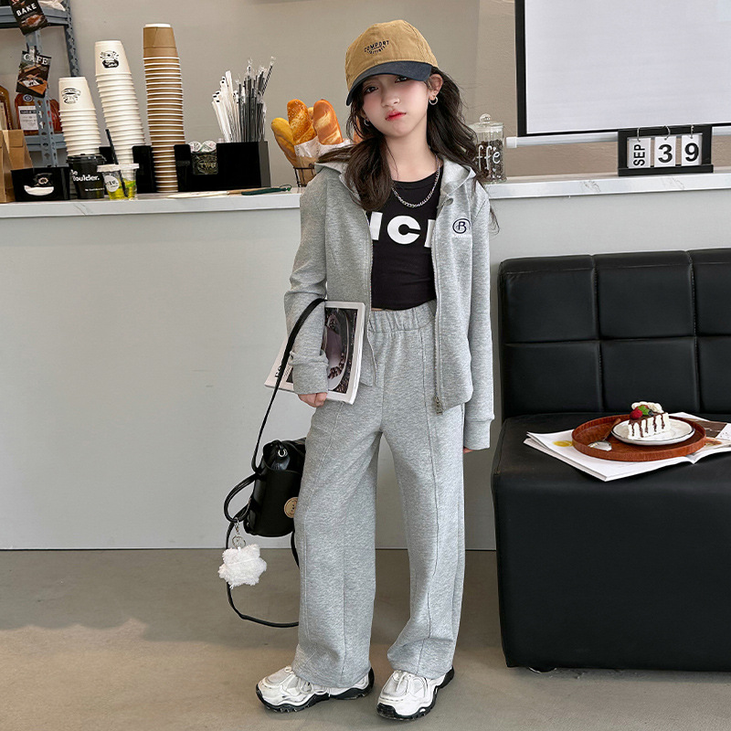 女童运动套装春季2024新款儿童女孩大童春秋洋气连帽外套休闲春装