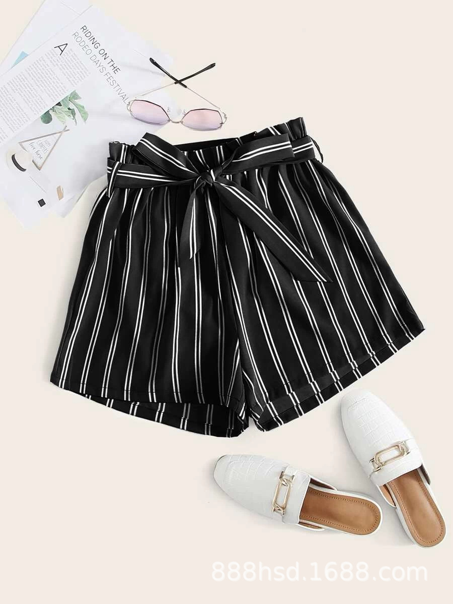 Foreign Trade Original Order European and American Spring and Summer New Amazon Cross-Border Independent Station Foreign Trade Women's Clothing Striped Shorts Chiffon Hot Pants