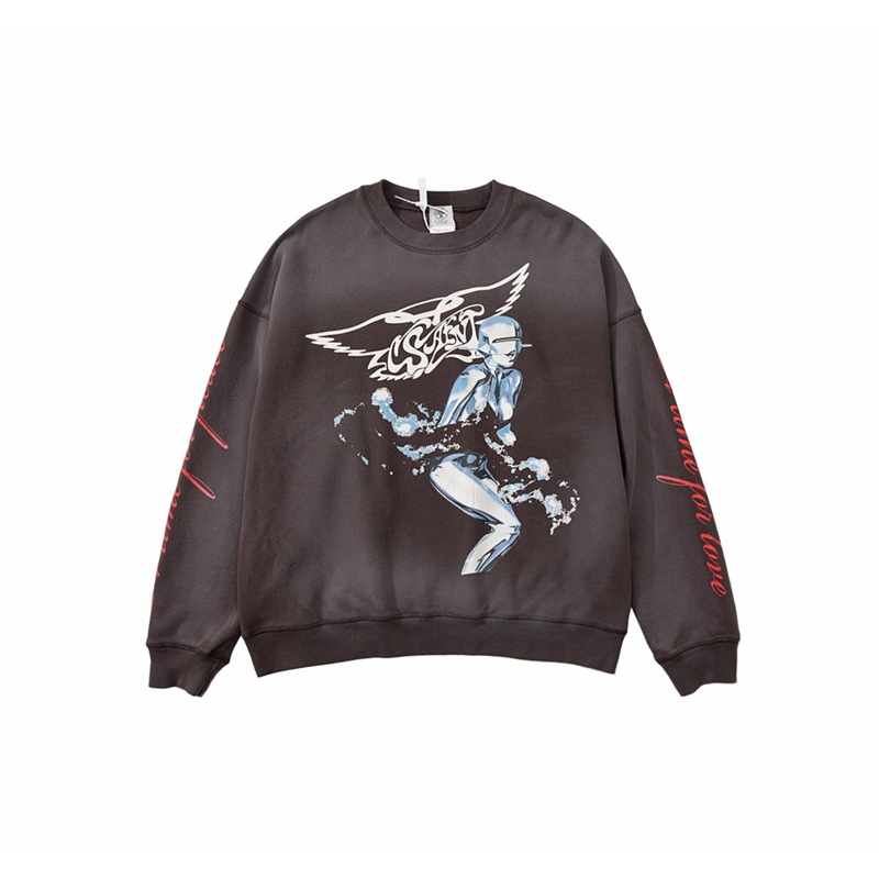 saint michael欧美高街做旧空山基联名机器人印花男女圆领卫衣潮