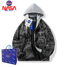 NASA联名男士春秋季连帽夹克宽松上衣加绒假两件帅气潮牌男生外套