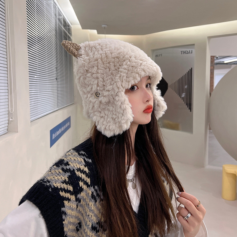 Korean Style Cute Earflaps Plush Ushanka Autumn and Winter Thick Warm Horn Knitted Sleeve Cap Cold-Proof Cycling Cap Winter