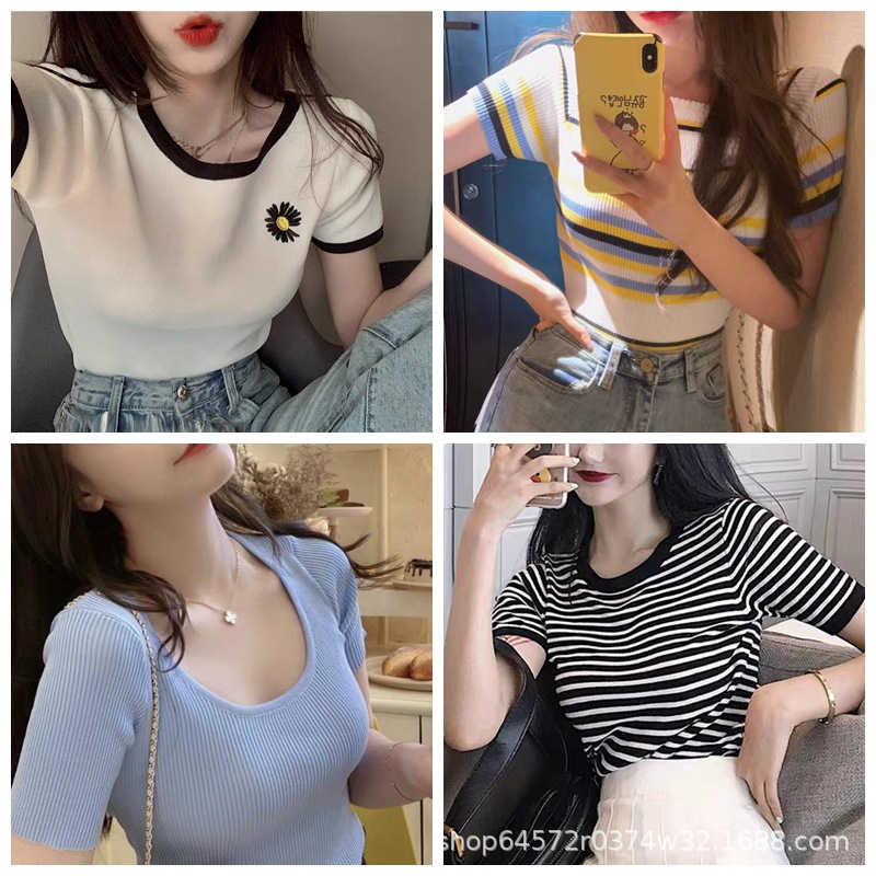 Women's Knitted Short-Sleeved 2023 Summer New Fashion Casual Korean Style Top Factory Discount Stall Tail Goods Wholesale Net