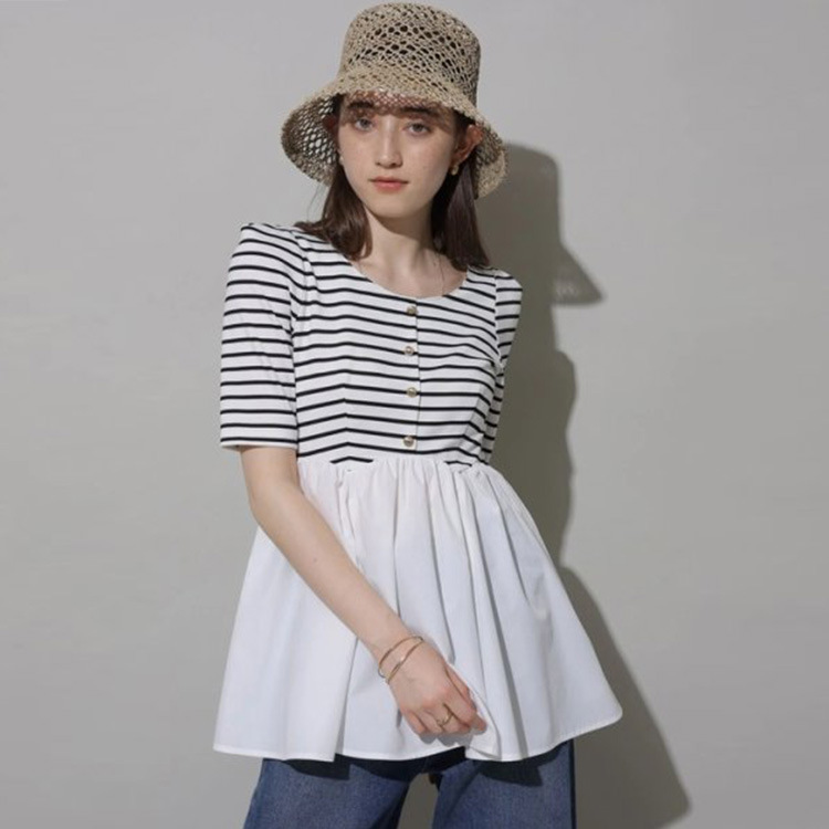 23春夏日单千金rir 四分袖拼接娃娃下摆上衣显瘦气质时尚-阿里巴巴