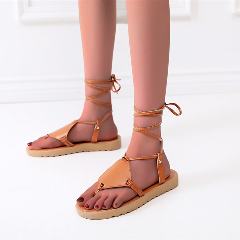 复古交叉绑带罗马凉鞋厚底平跟休闲鞋沙滩凉鞋40-43大码外贸鞋