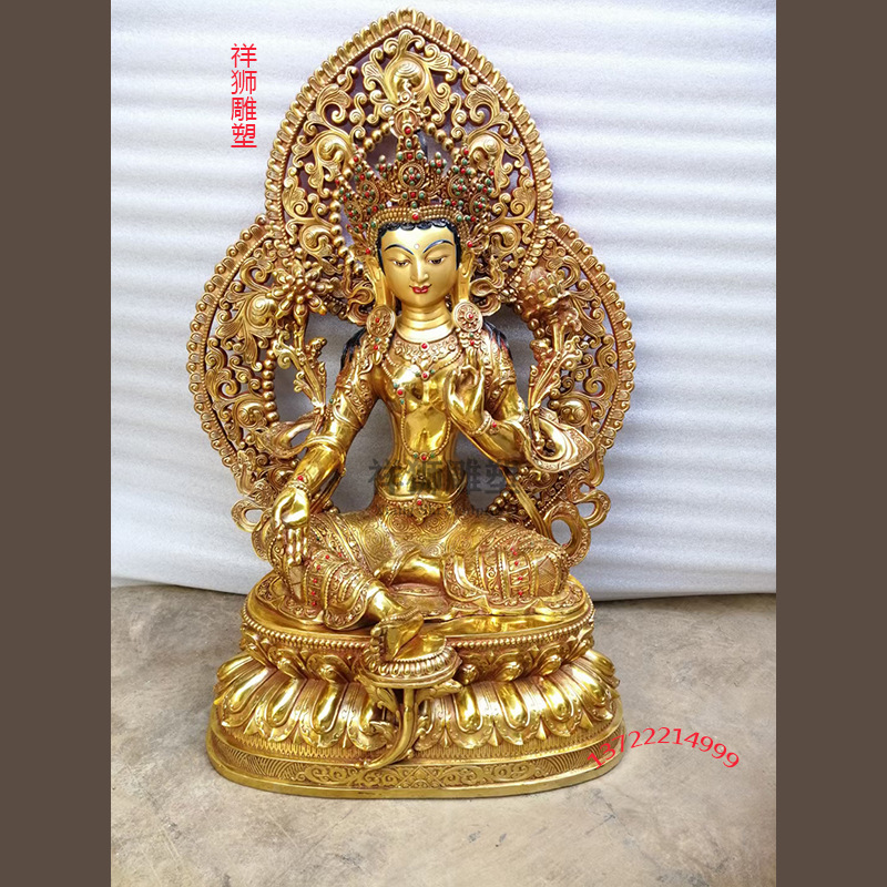 祥狮绿度母佛像黄铜鎏金居家佛堂藏传密宗家用观音佛像摆件1米