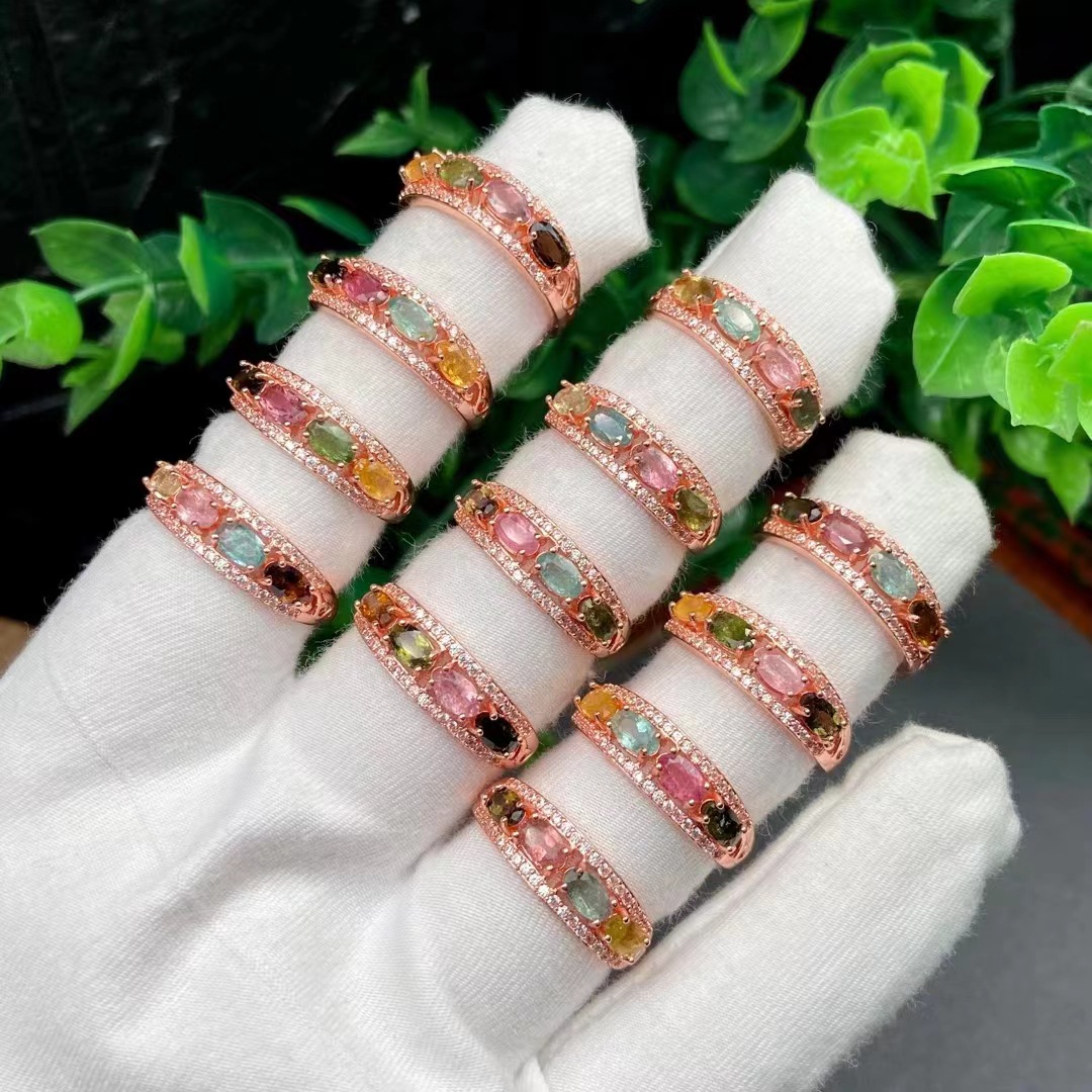 天然碧玺戒指豪华款火彩足时尚铜镀金镶碧玺排戒豪镶碧玺女戒批发