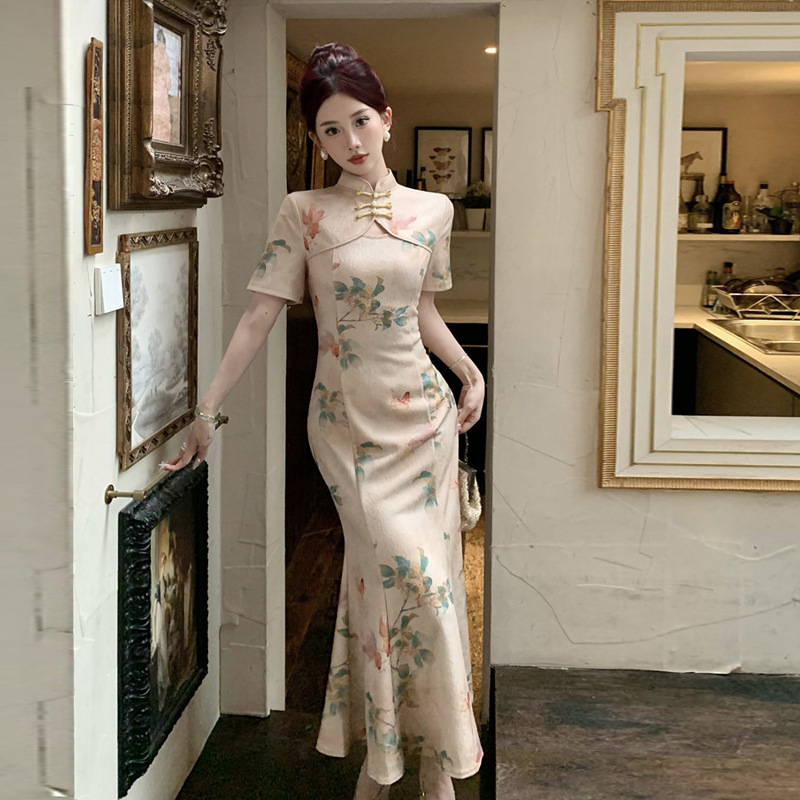 3380跨境外贸女装批发东南亚气质设计感改良鱼尾长裙女旗袍连衣裙