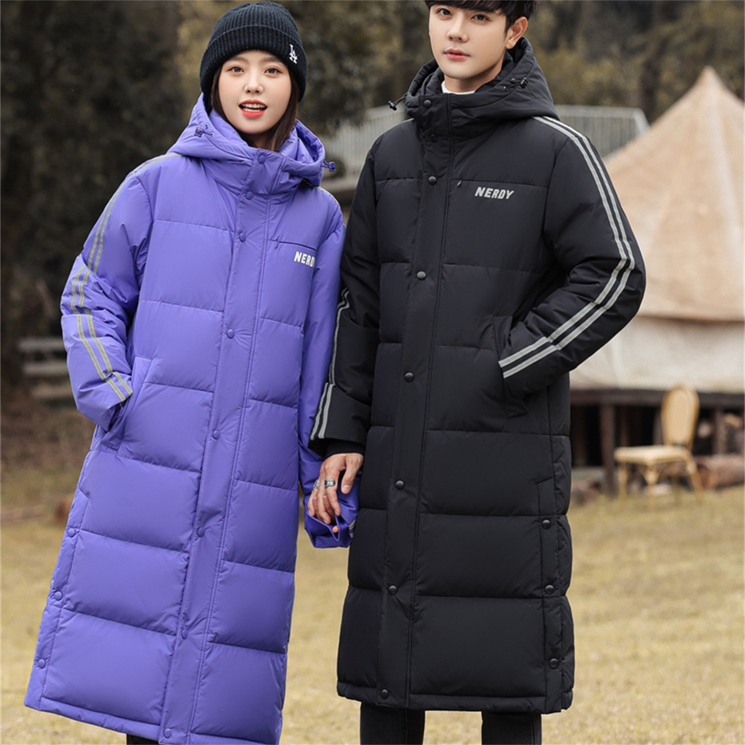 潮牌nerdy同款男女情侣款加厚宽松白鸭绒中长款连帽羽绒服