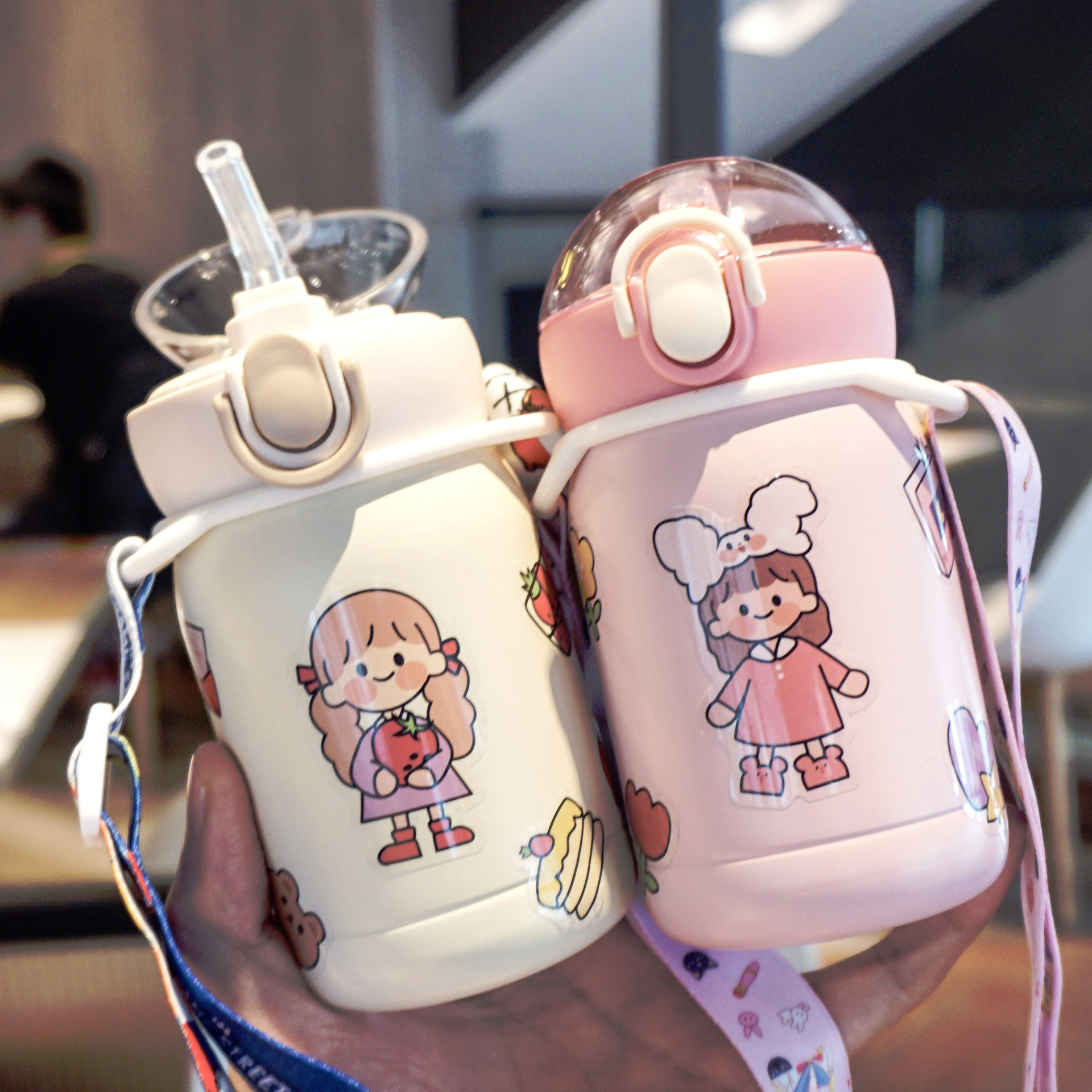 儿童保温杯带吸管少女心ins可爱女生超萌便携小学生简约保温水壶