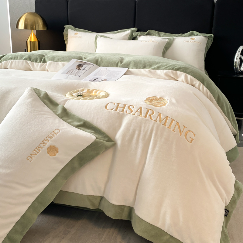 Affordable Luxury Style Milk Fiber Thickened Four-Piece Set Embroidery Coral Fleece Bed Sheet Quilt Cover Double-Sided Quilt Cover Winter Solid Color Quilt Cover