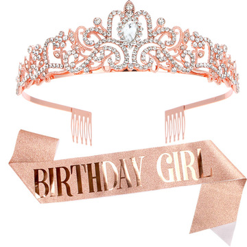定制欧美时尚水晶皇冠腰带礼仪带 生日头饰王冠birthday girl绶带