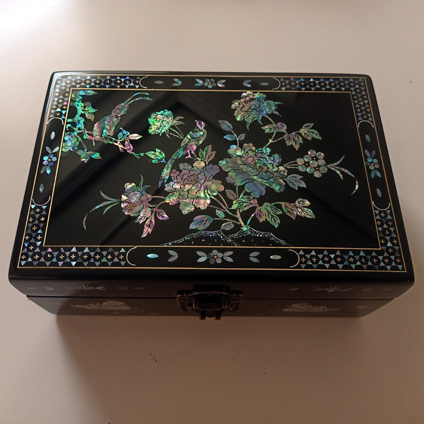 漆彩螺钿漆器首饰盒木质贝壳镶嵌喜结连理婚庆礼盒手工螺钿饰品盒