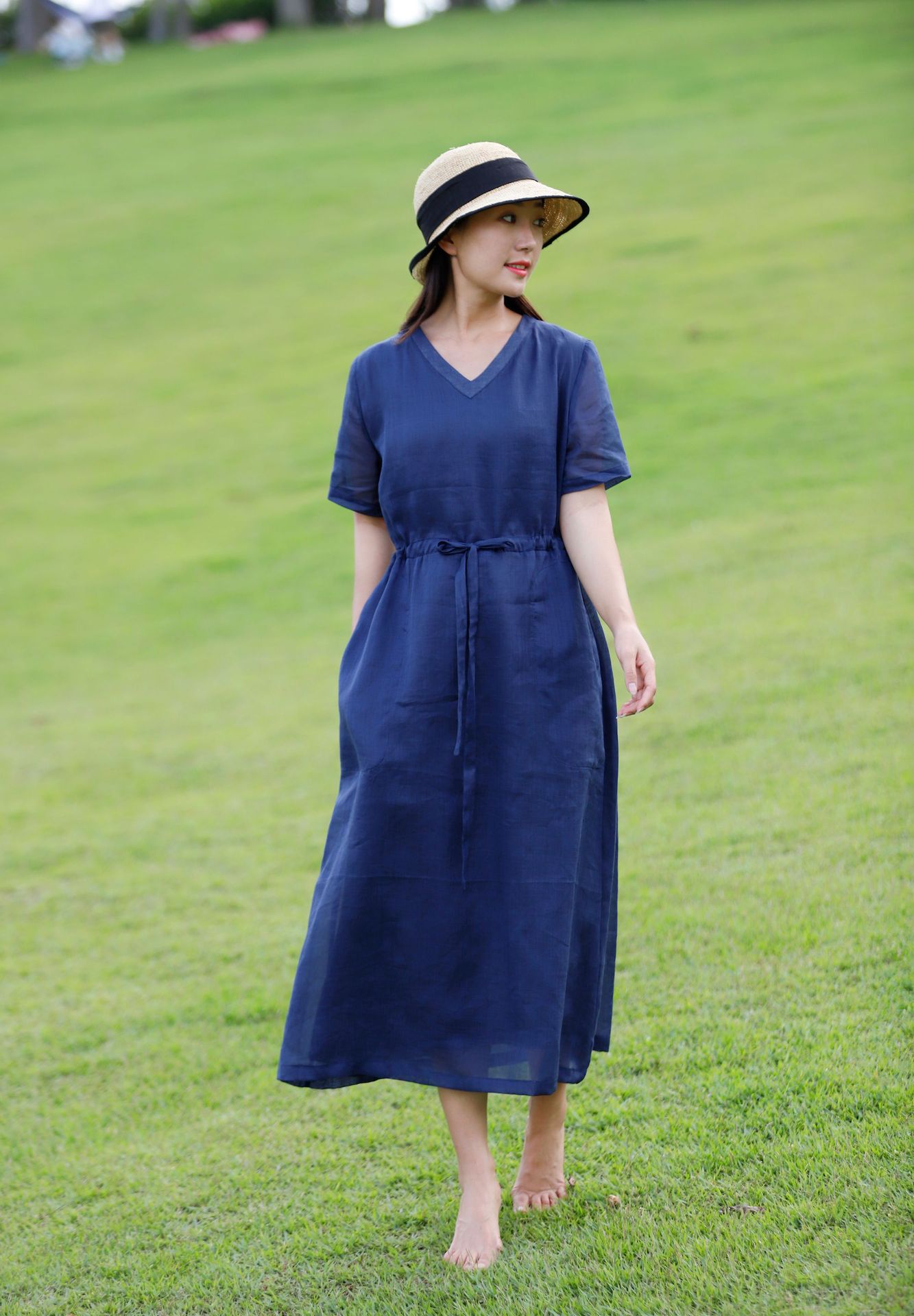 纯色高织苎麻连衣裙女21夏季新款中长款短袖收腰显瘦棉麻女裙代发