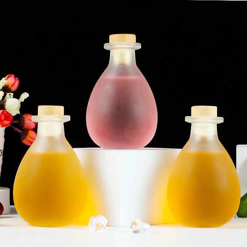 新款果酒瓶蒙砂玻璃空酒瓶250ml水滴饮料瓶密封带盖泡酒瓶小酒瓶
