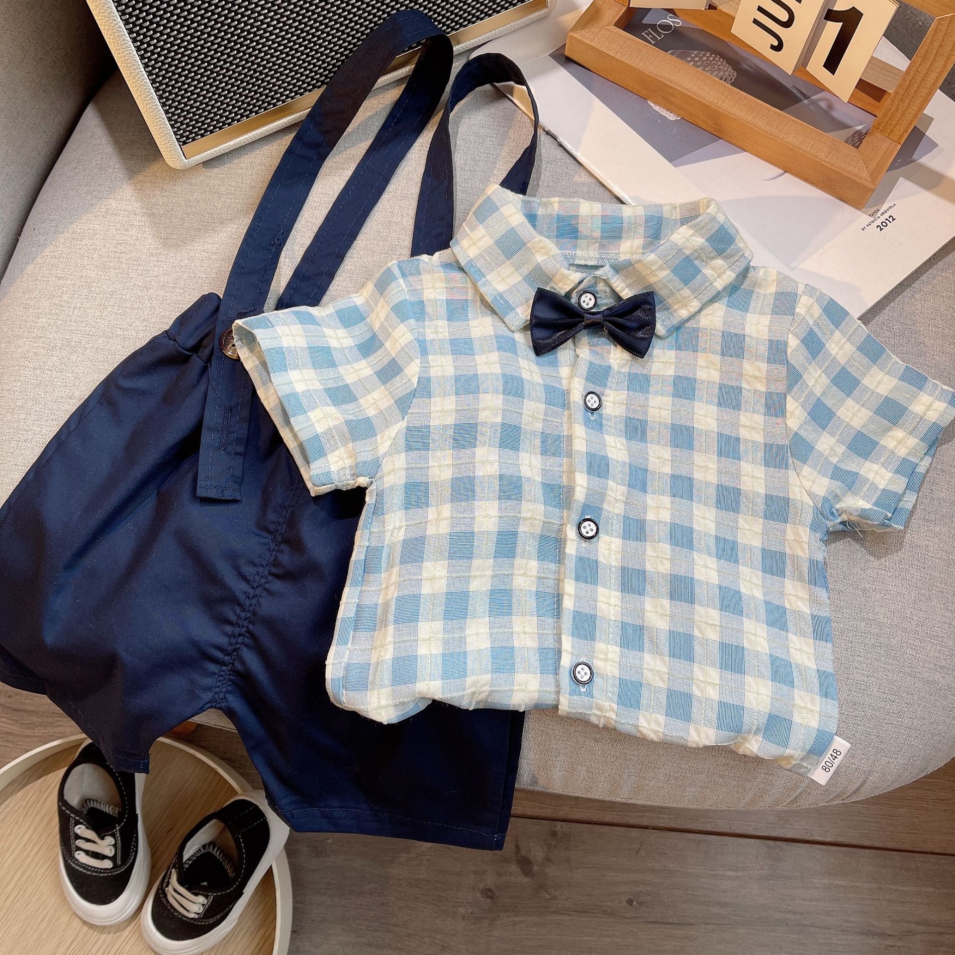 Boys' Casual Summer Children Cartoon Plaid Single-Breasted Short Sleeve Shirt Children's Suspender Pants Two-Piece Set Wholesale