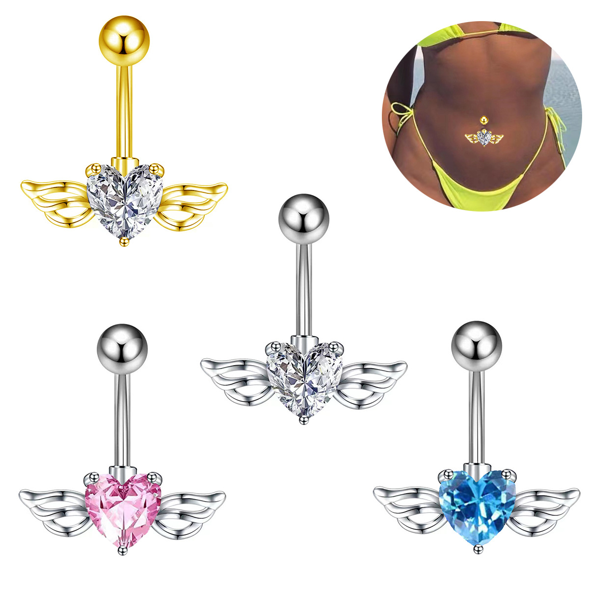 欧美跨境电商热销天使翅膀脐钉心形锆石翅膀肚脐环穿刺饰品亚马逊