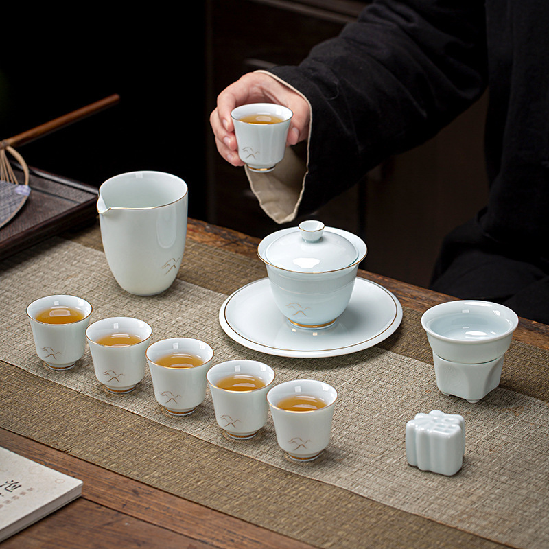 影青功夫描金茶具套装家用客厅轻奢中式小套陶瓷盖碗茶杯泡礼盒装