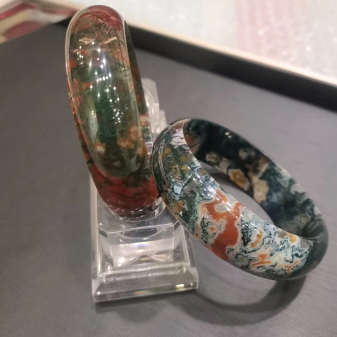 天然印度水草玛瑙手镯 巴西七彩玉镯子 玉髓水草玛瑙玉石手镯直播