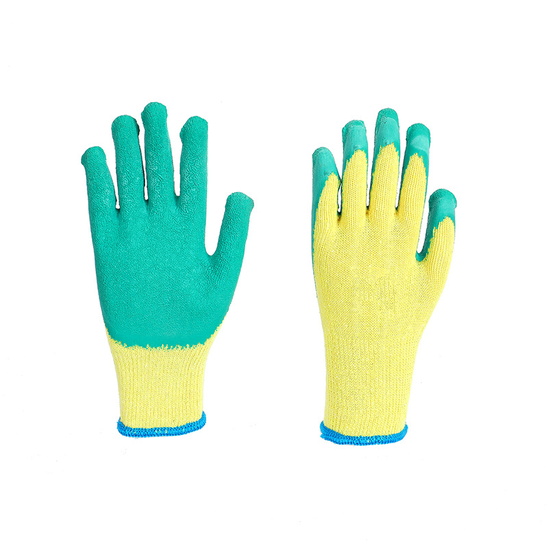 Labor Protection Gloves Wear-Resistant Yellow Yarn Green Cotton Latex Gloves Wrinkle Non-Slip Construction Site Work Protective Gloves Wholesale