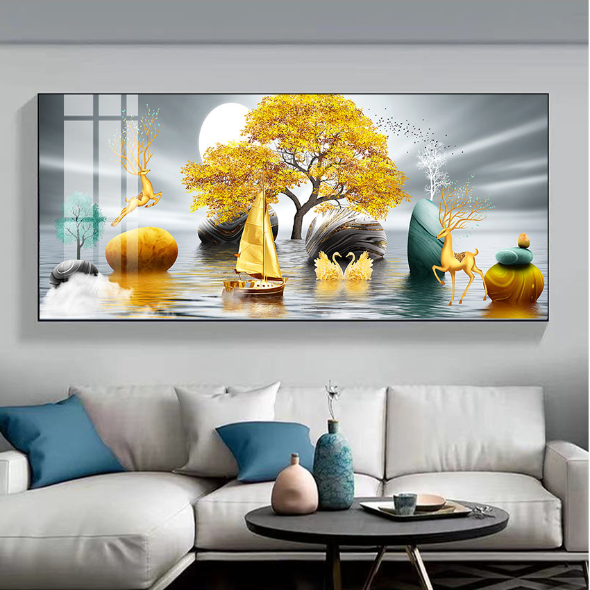 方形横幅客厅水晶/晶瓷镶钻装饰画餐厅会所北欧风壁画铝合金边框