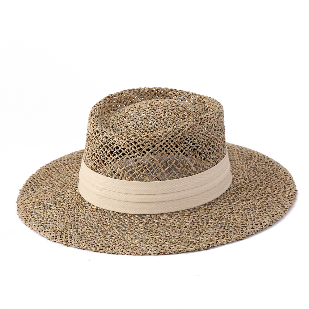 Artistic Retro Flat Top Warp Knitted Straw Hat Summer Beach Travel Style Hat Outdoor Hollow Sun Hat Adult