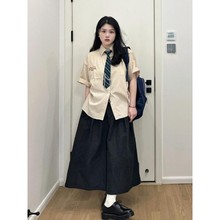 大码胖韩系学院风套装女夏季条纹短袖衬衫半身裙遮肉显瘦两件套