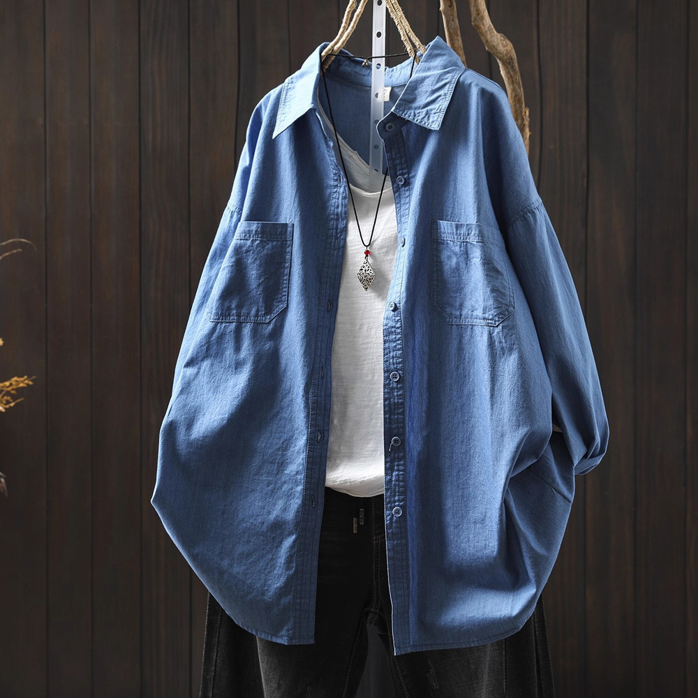 蓝色衬衫上衣女2025新款早秋中长款宽松时尚外搭长袖衬衣外套