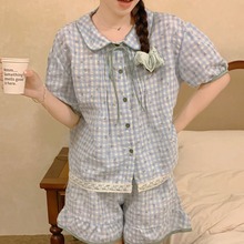 甜美可爱少女娃娃领短袖睡衣夏日新品花边短袖格子碎花家居服套装