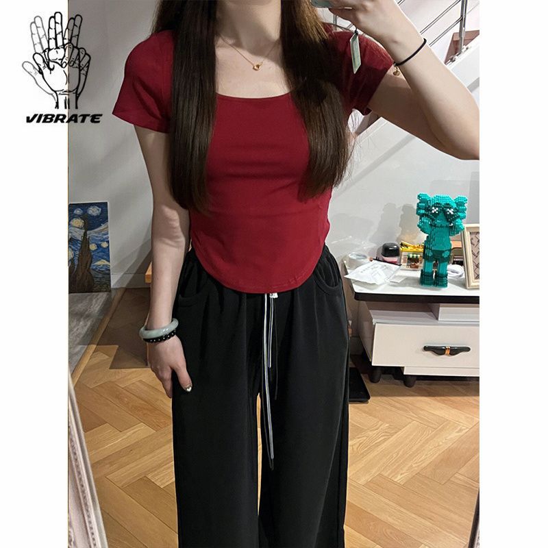 vibrate酒红色洋气短款弧形短袖t恤女夏季ins高腰修身显瘦辣妹潮