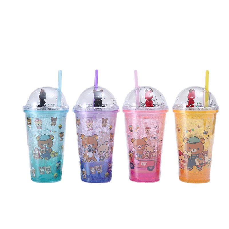 New Creative Crushed Ice Cup Ice Cup Bear Double-Layer Cup with Straw Men and Women Student Portable Summer Cute Ice Cup Plastic Cup