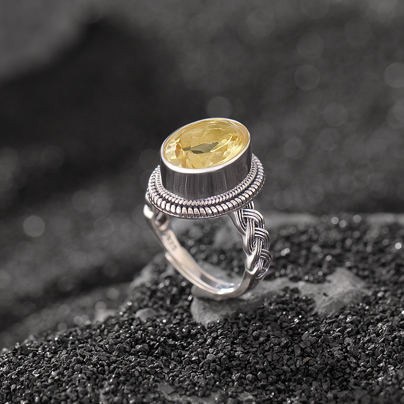 壹鹿银s925纯银黄水晶复古做旧编织花纹蛋面戒指时尚气质切面指环