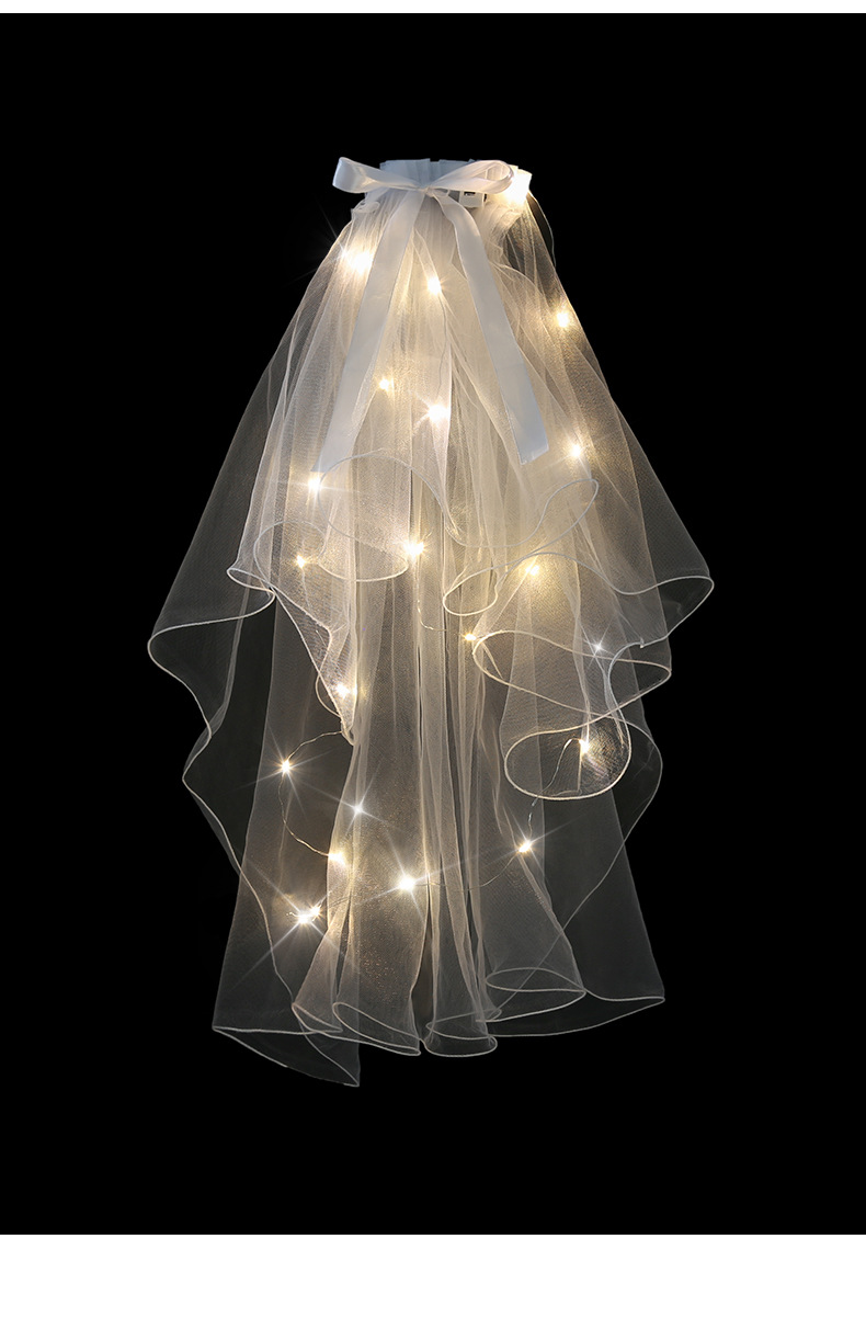 七夕礼物 发光头纱钉珠 网红发光纱超仙丝带蝴蝶结夜市头纱带灯