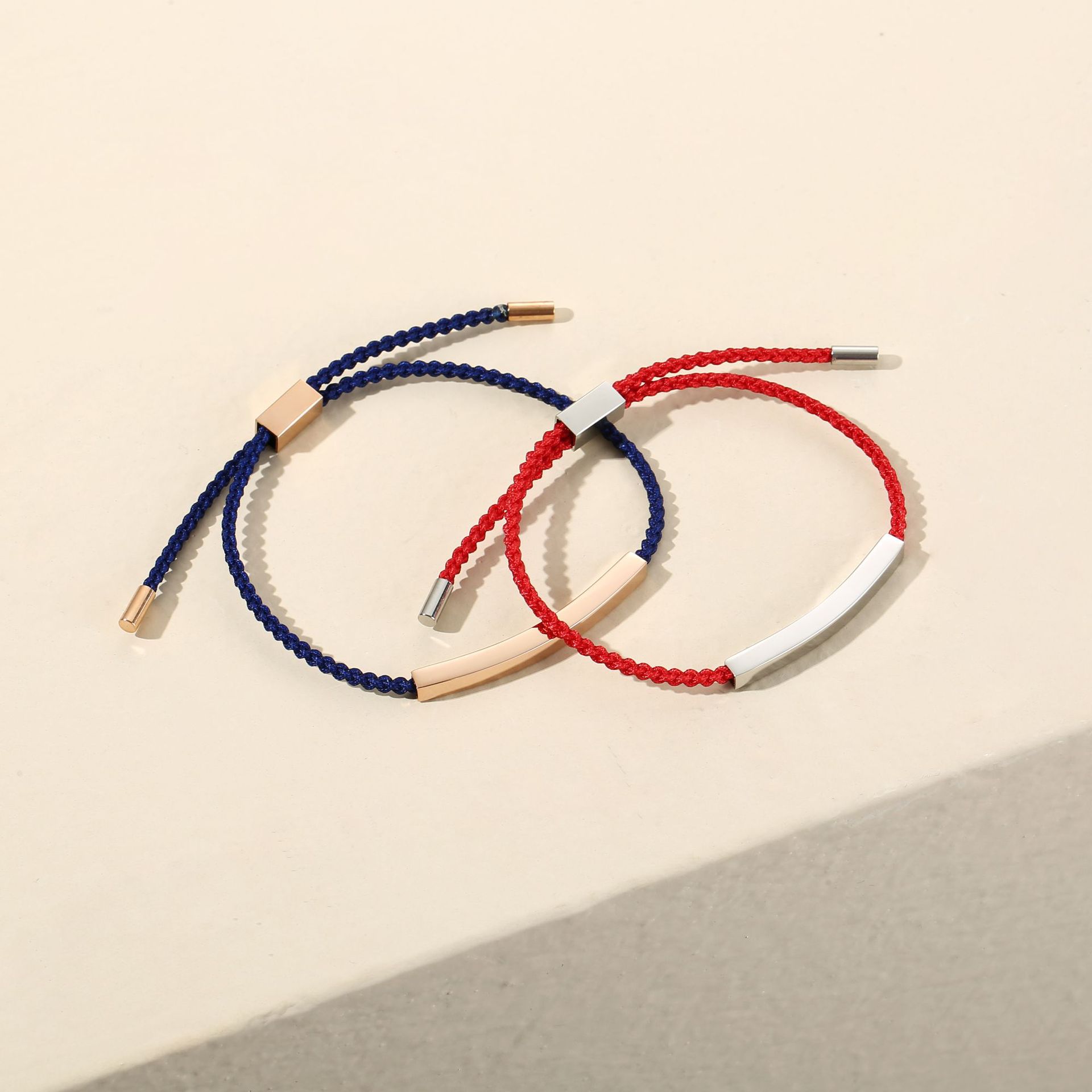 刻字韩式情侣闺蜜手绳 2mm编织绳钛钢空心管手镯 可调节伸缩手链