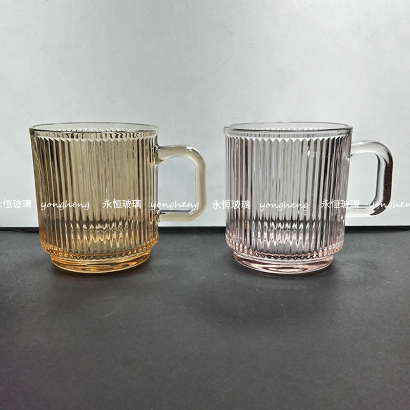 ins竖条纹玻璃带把手咖啡杯高颜值喝水杯漱口杯马克笔家用牛奶杯