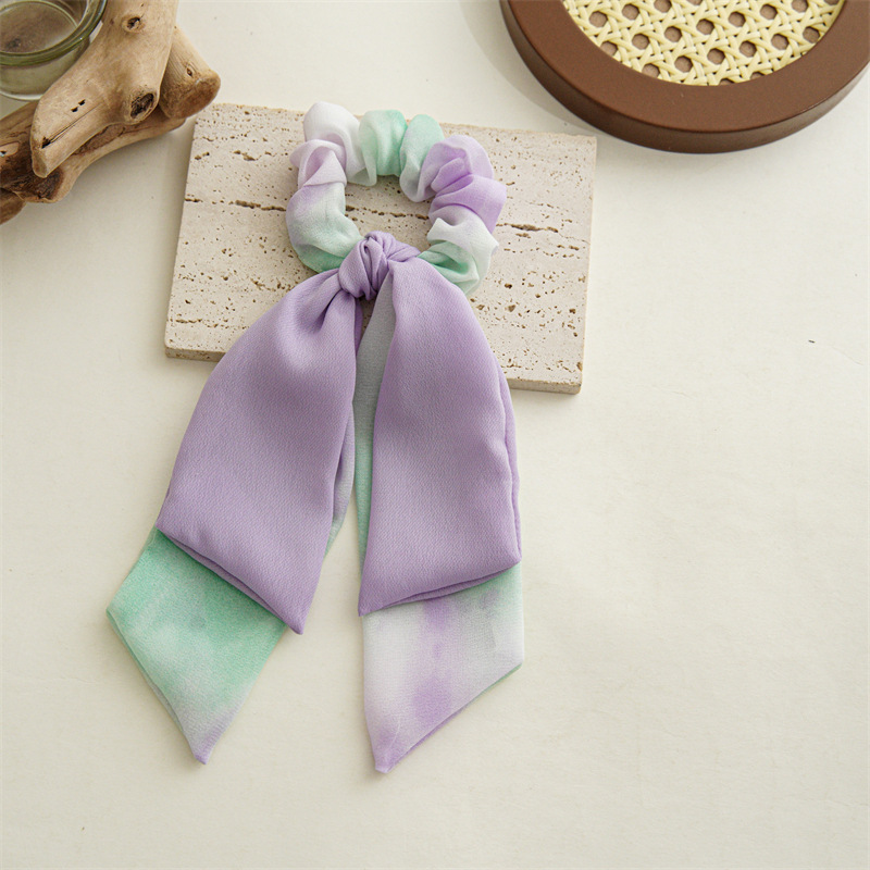 Summer New Tie-Dyed Chiffon Double-Layer Ribbon Large Intestine Ring Hair Accessories Japanese and Korean Style Female Hair Rope Bowknot Hair Ring