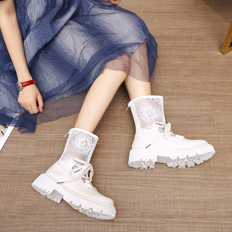 夏季马丁靴女透气薄款2021新款英伦风春秋单靴厚底网纱配裙子短靴